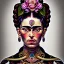 Placeholder: A beautiful portrait of Frida Kahlo, alphonse mucha, grain on the skin, tribal tatoos, high key lighting, volumetric light high details, full length clean art NFT, soft lighting, soft pastel gradients, high definition, blender 3d cinematic, op art, visionary art, sacred geometry, fractal, white balanced, lot's of grain on her skin, lot's of details in the background