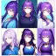 Placeholder: Clear focus, 8k, beautiful lighting, vibrant colors, girl, purple hair, long hair, vibrant blue eyes, ponytail, messy hair, purple and blue dress,