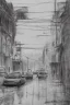 Placeholder: Pencil sketch of A car stops on an empty street, a traffic light, It's raining hard, night , houses on the side ، on lined paper