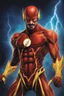 Placeholder: extremely muscular, the Flash with gold boots, with mustache, goatee, extremely over exaggerated muscles, bright, cobalt blue eyes, digital photograph, dark stained wall with fog in the background extremely colorful, foggy in the foreground, multicolored lightning and outer space in the background, professional quality digital photograph, ultra details, extremely sharp focus, the background of the image is a dark and tenebrous