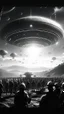 Placeholder: A land filled with a lot of aliens in a bright light at the end of the picture a huge spacecraft object hovering above , cinematic, 8k, in black and white, fine line draw