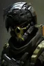 Placeholder: A soldier in the game Titan Fall 2 , he wears a BLACK skull helmet that covers his face, he is a rifleman, and his callsign is Titan. His colors are black and dark olive