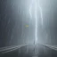 Placeholder: A princess standing. Epic scale. Heavy cold rain. Thunderstorm. An engineer looking up. Futuristic scenary. Gray mist.