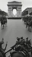 Placeholder: "Generate an image of the occupation of France by the Germans in World War II, depicting the German army marching under the Arc de Triomphe in Paris. The image should show an officer riding a horse at the head of the procession, followed by a military band and columns of soldiers in fives. The Arc de Triomphe should be visible in the background, with the Champs-Élysées stretching out in front of it. The overall color palette should be muted and somber, with a focus on grays, browns, and greens.