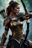 Placeholder: female warrior aiming a bow and arrow wearing bronze half armour dark fantasy Realistic 4k