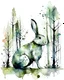 Placeholder: Watercolour effect, rabbit, forest abstract,roschCh ink blot test, white background, muted colour's.no black outline, no black colour only white more watercolour blobs