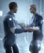 Placeholder: detroit become human, two people looking at each other, real Handshake 10 fingers , sci-fi fantasy style, volumetric lighting, particales,highly detailed,cinamatic, deep colours,8k.