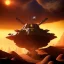 Placeholder: volumetric dramatic desert Battle scene with futuristic hovering military armored Hovercraft painted by chris foss, floating, 4k, 8k, Minutiae, highly detailed, cannon Turret, Yellow pennant, hovering, stripes, sunset, duststorm, nimbus clouds]