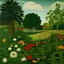 Placeholder: A green field filled with giant flowers painted by Henri Rousseau