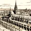 Placeholder: Saint Jacques of Compostela cathedral viewed in distance in style ink
