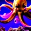 Placeholder: purple beautiful octopus swiming inside a golden small aquarium surrounded by tiny microphones: surreal