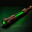 Placeholder: Closeup of an old, dark, wooden magical wand used for black magic. Green highlights. No detailed background.Magical. Epic. Dramatic, highly detailed, realistic, hyper realistic, photo, masterpiece