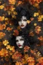 Placeholder: abstract creation of a beautiful girl with black curly hair, surrounded by black roses, thick metal chain broken, glass petals on the ground, autumn colours,dried out thorn bush, chaos,