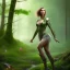 Placeholder: upper body of yohan diniz pointing fingers, fast walker, as a young cute feminine woman, short hair, green forest background, stream, mega flowers, dusk, 100 fireflies