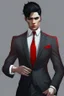 Placeholder: Realistic, red eyes, light skin, short black hair, red earring, suit and tie clothing, gloves on hand