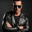 Placeholder: Handsome and muscular 40 year old Biker wearing a leather jacket and dark sunglasses standing with his arms folded