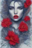 Placeholder: blue Pencil drawing of a woman with red lips and flower in hair on watercolor paper