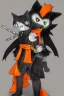 Placeholder: cat 2d, knight, ninja, black fur,full body, orange torn coat,game character, strong, anime, chibi