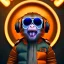 Placeholder: Monkey toddler, smile, steampunk headphone, sunglass, gangsta neckless, full body, orange puffer jacket, tokio background, dramatic lighting, hyper realistic, unreal engine 5, 16k