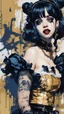 Placeholder: Poster in two gradually, a one side malevolent goth vampire girl face and other side the Singer Melanie Martinez face, full body, painting by Yoji Shinkawa, darkblue and gold tones,