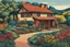 Placeholder: museum quality color woodcut landscape of a fanciful 1920's French country cottage in the style of Gustave Baumann, with a fine art aesthetic, highly detailed, finely cut ,8k render,