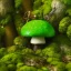 Placeholder: microphotography mushroom growing in a mossy dense lush green woods, high definition, detail, HD, 8k, realistic, 3d rendering, blender, photography, fisheye, bulge, tilt shift blur