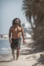 Placeholder: full figure shot photography of an angry strong muscular beefy burly 38 years old ugly arab fisherman, short beard, dreadlocks, shirtless, manly chest, bulging swimwear, angry eyes, walking on the beach in the sun, side light, sweat and wet, ground view angle