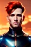 Placeholder: Male Cyborg anime warrior, orange hair, short hair, blue eyes, waist up portrait, 8k resolution, intricate details, ornate details, soft lighting, vibrant colors, retroanime, masterpiece, intricate eyeliner, dark eyeshadow, eyes, futuristic cityscape background