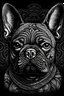 Placeholder: A hyper-realistic French bulldog drawn using lines that look tribal, black background