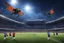 Placeholder: giants vs insects: on the football soccer playground.. On the left: one team is composed of towering giants with multiple arms. On the left: the opposing team is a group of insect-like beings with wings that shimmer in the stadium lights.