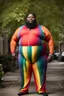 Placeholder: Massively obese black woman with a beard wearing a skin-tight rainbow jumpsuit. There is a bulge in the groin. Photograph.