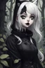 Placeholder: CAT GIRL, goth, forest, nature, cartoon, leaves, half black half white hair