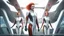 Placeholder: Photorealistic picture of a young man in a flight suit with two tall, slender female androids in biosuits, one with red hair and one with white hair, standing on the bridge of a spaceship.