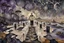 Placeholder: inner world , atypical world, in midle an alone human figure in weird alternative clothes stands on the thin bridge with a big map his hands , weird whimsical landscape, forest, and Sahara water and rocks,, around surreal cracked painted weird land with some black doors. dark purple, gray, black, white, brown. Whimsical style of Chagall , of Minjae Lee and Anton Semenov, lonely with absurd beauty. broken, weird bizarr,e absurd nightmare, neuron network background, surreal vibe