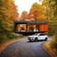 Placeholder: Cozy retreat, futuristic modern house in an autumn forest of vibrant colors. Contemporary design, clean lines and large windows, radiate a feeling of warmth and comfort. A white car parked on the winding road that leads to the house gives a touch of modernity to the rustic surroundings. The path is scattered with leaves. Around the house, mix of green, orange and yellow foliage. 8k