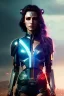 Placeholder: Cyborg warrior, waist up portrait, 8k resolution, intricate details, ornate details, soft lighting, vibrant colors, retroanime, masterpiece, intricate eyeliner, dark eyeshadow, eyes, wild blue hair, intricate tattoos, jungle background,