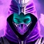 Placeholder: purple galaxy masked hooded super villain, weapons in hands, teal and purple smoke, full portrait, hyper realistic, 4k, symmetrical