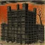 Placeholder: A black spongy fortress filled with chains painted by Paul Klee