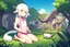 Placeholder: Farm, green grass, house, girl,white hair , sit on grass, cow's tail, cow's horne , cow's under, pink stomach, sweats, small breasts