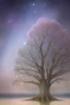 Placeholder: a background of softly blended blues, greys, silvers, and whites with distant, twinkling stars in the sky, an a circle moon casting a soft glow of light on a foreground of a field of various flowers surrounding a tree of life