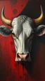 Placeholder: Bosch style painting , A shadow of a spirit inside a Slaughtered cow head with eyes open wide details on red bloody background