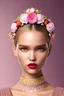 Placeholder: Sasha Luss with pink lipstik, wearing mask made of strawberries and white petals looking down on dark pink wallpapers background, in Art Deco style, an ultrafine hyperdetailed illustration by kim jung gi, irakli nadar, intricate linework, bright colors, octopath traveler, final fantasy, unreal engine 5 highly rendered, global illumination, radiant light, detailed and intricate environment, burgundy background