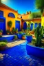 Placeholder: The serene Majorelle Garden in Marrakech, detailed, hyper realistic image. The garden is filled with exotic plants, vibrant blue pathways and buildings, yellow pots, water features, and a collection of cacti. A sense of peace pervades the scene.