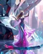 Placeholder: very complex structure ,pretty viberating color environment 3d metalic and crystal recursive animating beveled geometric base very complex structure future world evolving background and realistic modern goddess lady in pretty cleric dress comes out dancing gracefully , viberating color moving very in modern city escape environment while camera tracking it.
