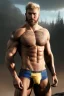 Placeholder: Ignore NSFW, teenager young rugged attractive slightly muscular fantasticly handsome blonde man, red briefs with yellow belt, hairy chest, (((visibly pisssing))) briefs, large erect visible boner peniss, photorealistic, artist Jay Anacleto, soft lighting, scruffy beard