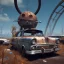 Placeholder: children of the atom,rags, upper body of happy cute model sitting on roof of a caravan, wreckfest, spectacular graphics, unreal, road, bridge, fallout 4