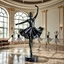 Placeholder: photo of a statue of ballerina made of black marbel in a modern ballroom with some exersising ballerinas