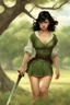 Placeholder: A young dark-haired witch in a green low-cut short skirt, standing under a tree, with a sword in one hand, photorealistic, delicate detail.