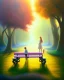 Placeholder: park mystical dream, park bench, man, woman, child, dog, trees, path, bird, sunshine, mystical, fantasy, romanticism, pastel colors, daylight, daytime, acrylic painting, detailed, soft focus,