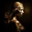 Placeholder: Create an surrealistic abstract image of a female figure with an artistic flare, The figure is front facing from the viewer, looking over her the side left shoulder which reveals her side profile. She has light-toned skin and an elegant, slender body shape. Her flowing hair is visible her head is adorned with an intricate, lace-like mask that resembles a abstract Mandala design, covering her hair entirely in predominantly vibrant shades of pinks, yellows with hints of turquoise and black. The "